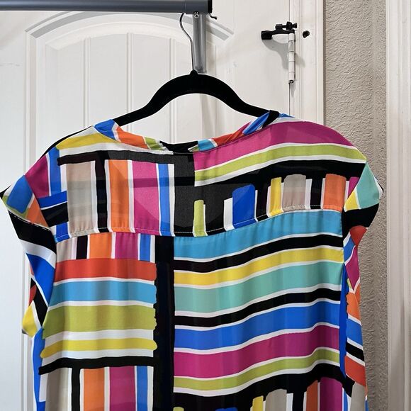 Spense Striped Patchwork Colorblock Lightweight Sheer Tunic Top Retro Funky Sz L - Picture 7 of 9